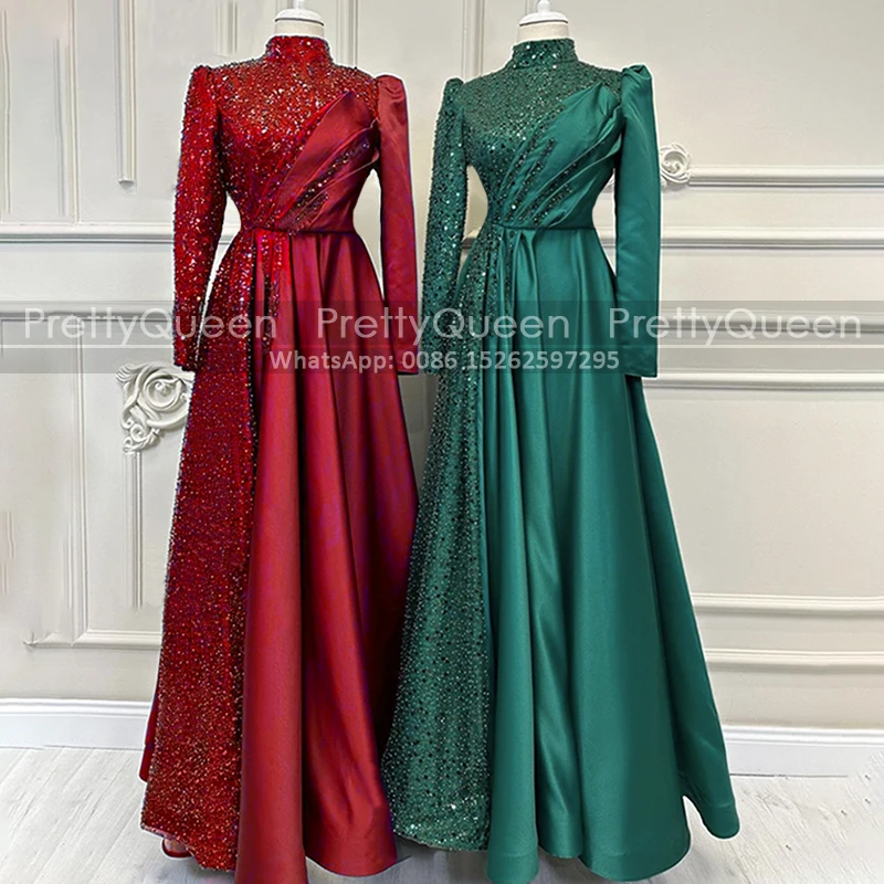 

Heavily Beaded Sequins Evening Dresses With Long Sleeves High Neck Aso Ebi Women Pleat A Line Prom Dress Pageant Formal Gown