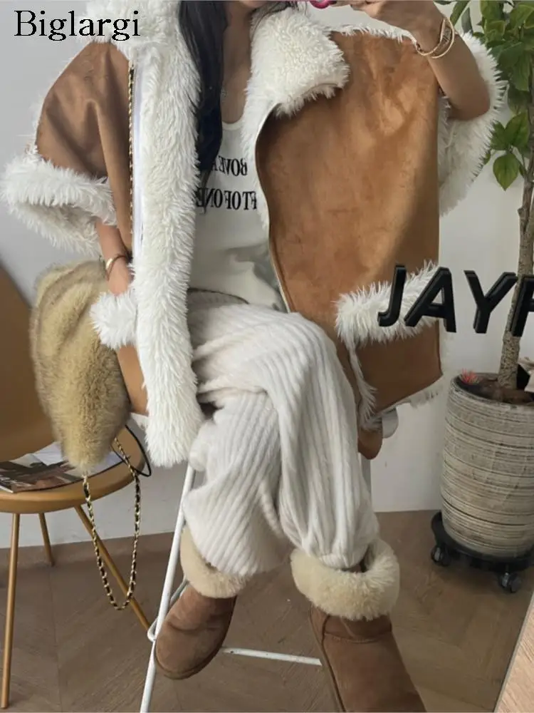 

Autumn Winter Reversible Furry Patchwork DeerSkin Velvet Coat Women Vintage Korean Loose Ladies Jackets Fashion Woman Coats 2023