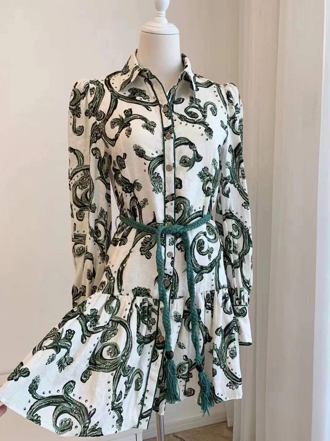 

Women Mini Dress Printed Lace Up Vintage Robe