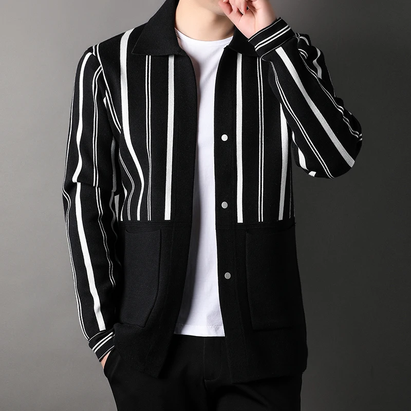 

Men's Long Sleeve Striped Patchwork Cardigan - Trendy Fashion