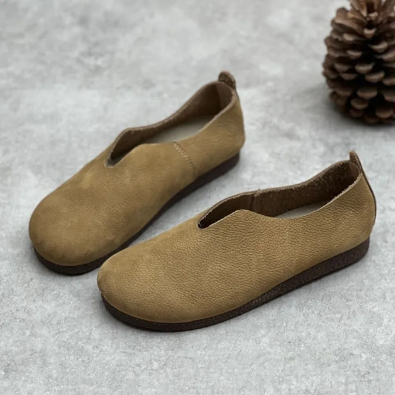 

YourSeason Genuine Leather Solid Color Ladies Shoes 2023 New Concise Vintage Handmade Women Shallow Slip-on Flats Round Toe