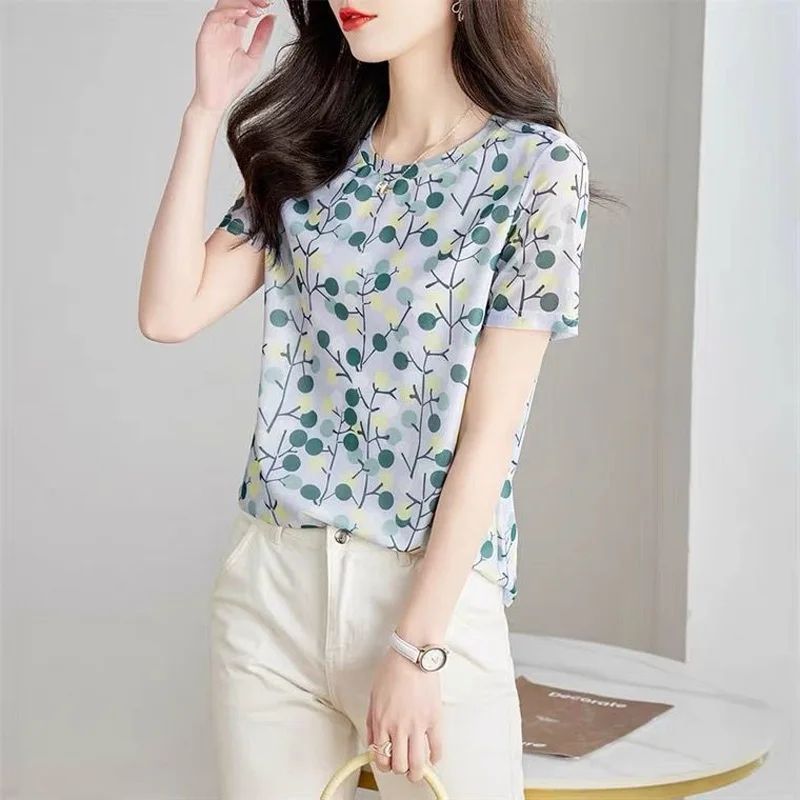 2023 New Summer Fashion Trend Small Fresh Round Neck Print Commuting Simple Casual Loose Versatile Short Sleeve Women's Shirt