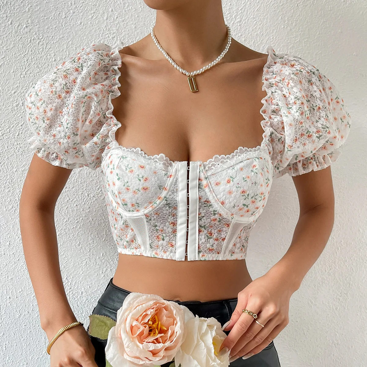 

Puff Sleeve Corset Crop Tops Slim Lingerie Bustier Tank Top Women Clothes with Buckle Summer Spaghetti Print Sexy Camis T-shirt