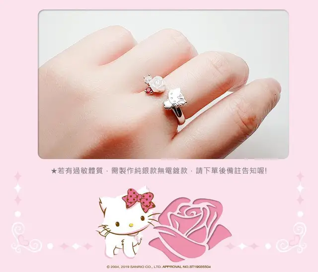 TAKARA TOMY 925 Sterling Silver Hello Kitty Diamond Rose Open Adjustable Ring Girls Sweet Hand Jewelry 2