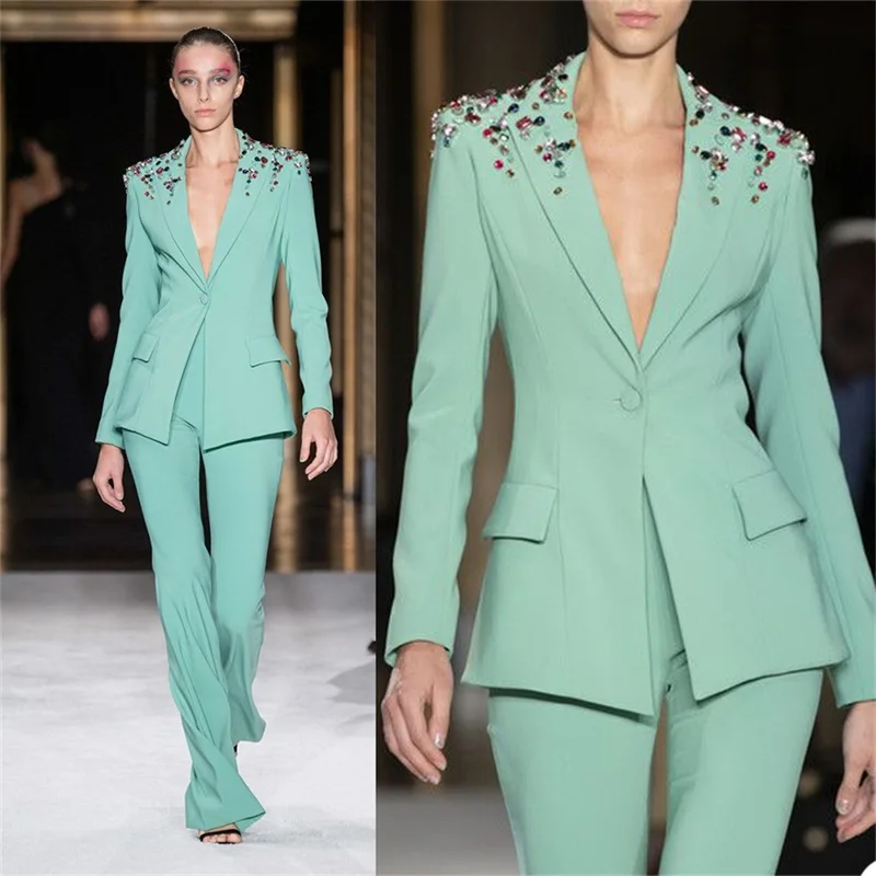 Luxury Crystals Women Suits Set 2 Pieces Beaded Blazer+Pant Custom Made Red Carpet Fashion Elegant Party Prom Dress Jacket
