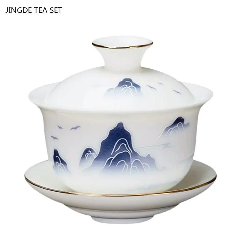 120ml Hand-painted White Porcelain Gaiwan High-quality Mutton Fat Jade Porcelain Teacup Portable Ceramic Teaware Tea Infuser