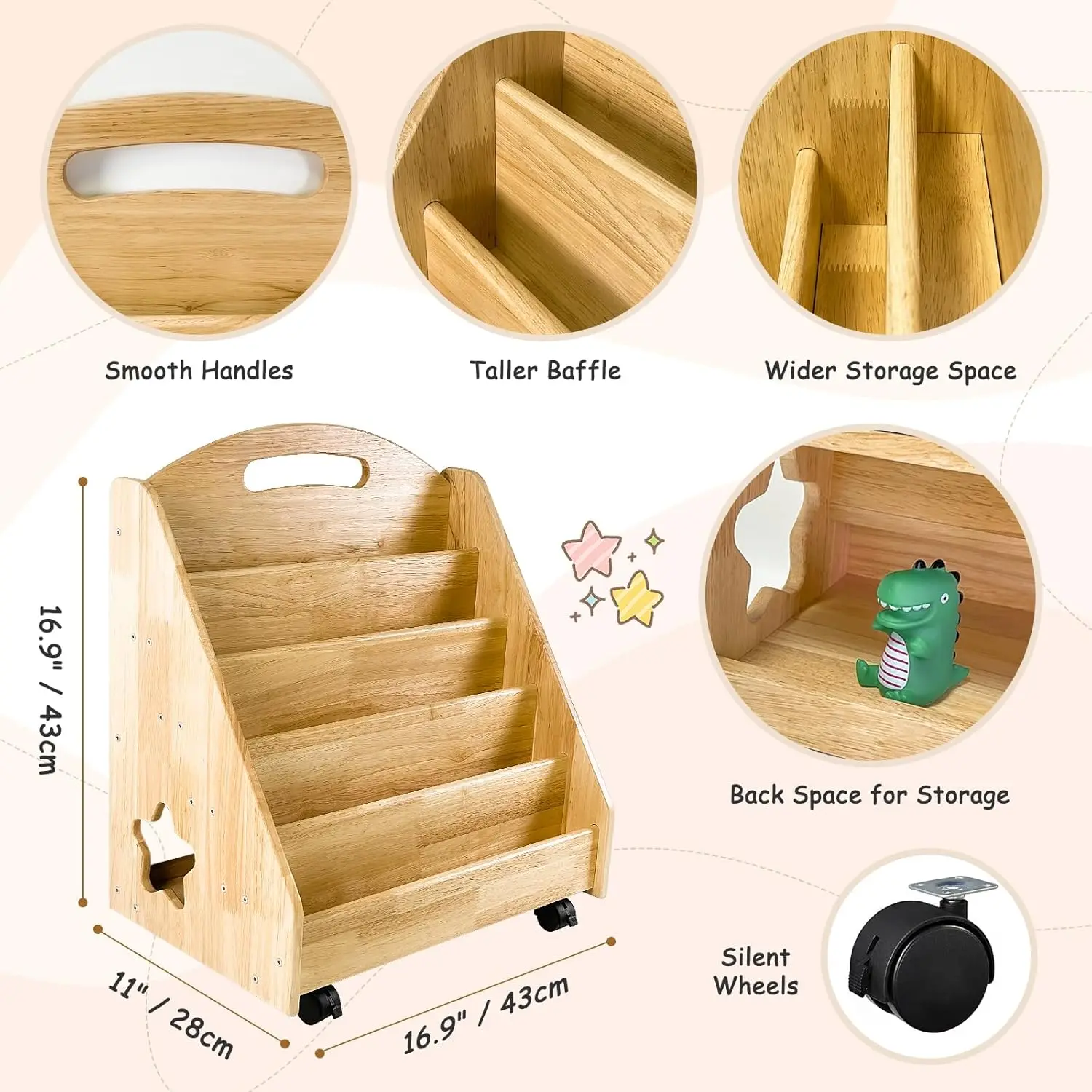 Montessori Bookshelf for Toddler 1-5 Years, 5 Tier Front-Facing Natural Wood Kids Bookcase with Handle and Wheels, Children's 2
