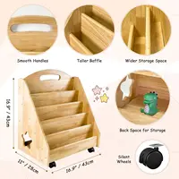 Montessori Bookshelf for Toddler 1-5 Years, 5 Tier Front-Facing Natural Wood Kids Bookcase with Handle and Wheels, Children's 2