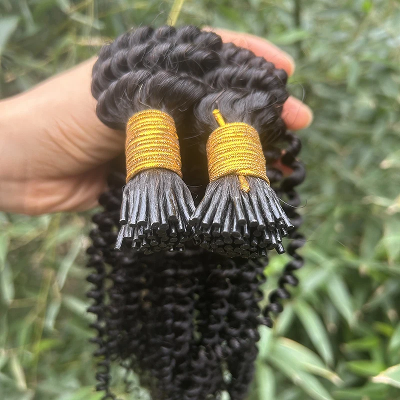 JUF I Tip Hair Extensions Human Hair Kinky Curly Itips Human Extensions For Black Women Full to Bottom Natural Black I Tips