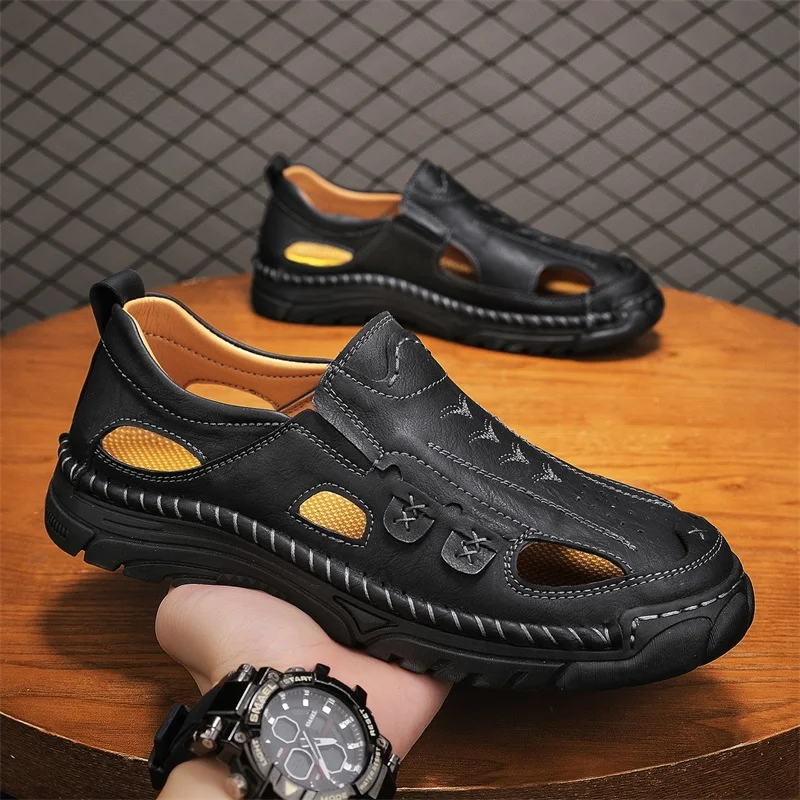 Fashion Men's Retro Casual Leather Vintage Sandals Comfortable Outdoor Walking Shoes Beach Flats Hollow Out Man Sneakers_vogvips.com