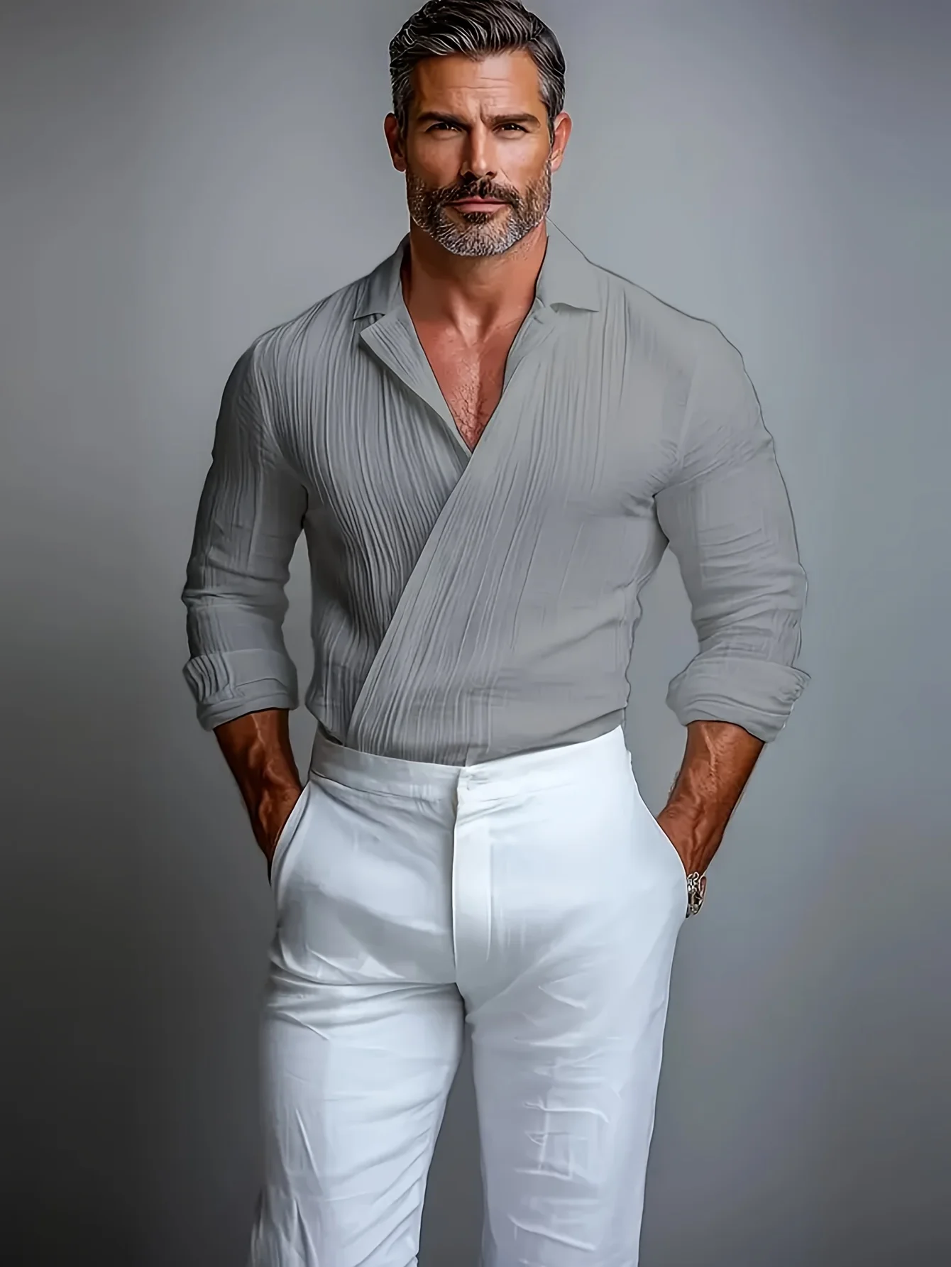 LVLAEA Pleated Textured Shirt Men Autumn Solid Color Long Sleeve Lapel Old Money Style Criss-cross Design Breathable Tated Shirt