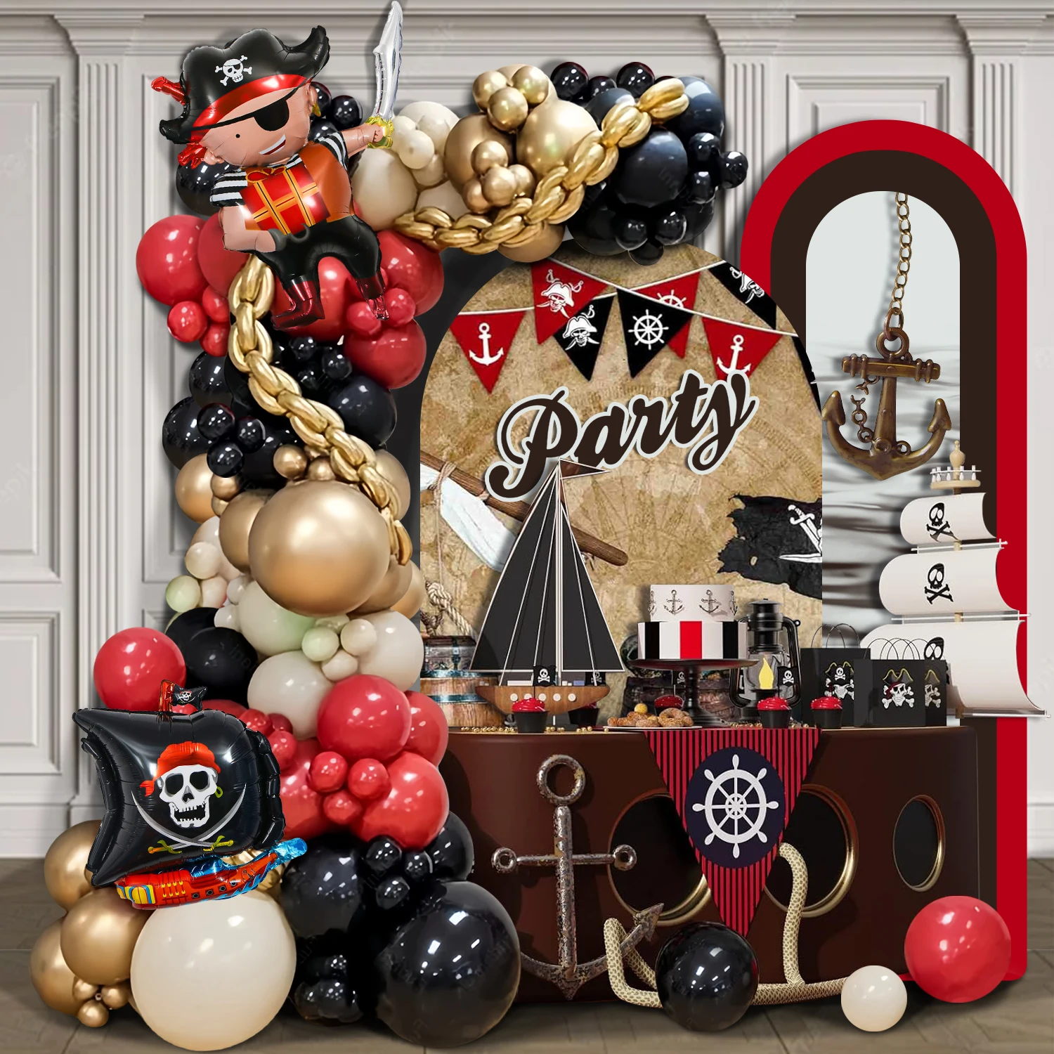 95-teiliges Piraten-Themen-Partyballon-Kranz-Set, mit roten, schwarzen, goldenen, sandfarbenen und weißen Ballons, kombiniert mit Piratenschiffen und P