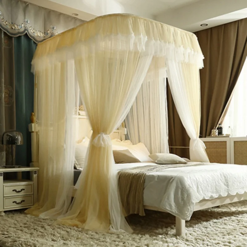 

Beige princess wind double-layer U-shaped retractable mosquito net gauze without support three doors landing household encryptio