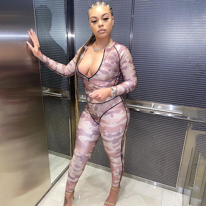 

Pink Camouflage Jumpsuit Women Sexy Zipper V Neck Long Sleeve Leggings Skinny Club Romper Casual Sport Overalls for Womens