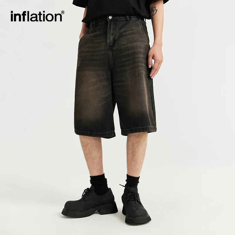 

INFLATION Distressed Washed Straight-leg Jeans Shorts Streetwear Men High Street Denim Shorts Plus Size