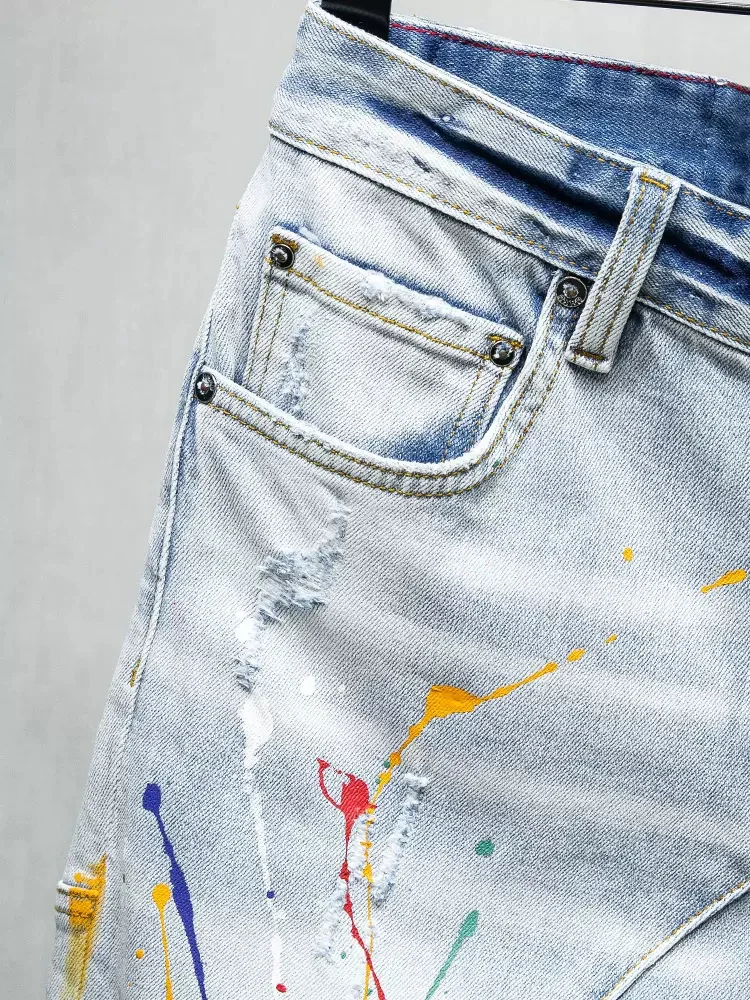 Summer Fashion Designer Men Jeans Retro Light Blue Elastic Stretch Ripped Short Jeans Painted Spliced Hip Hop Denim Shorts Men