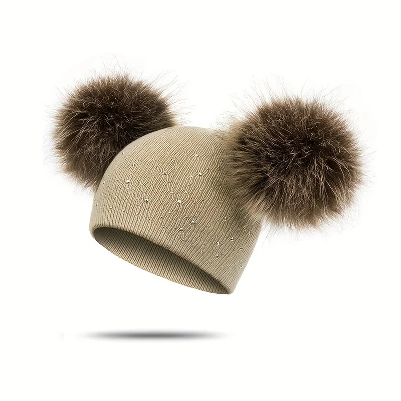 Double Haired Ball Children's Hat, Cute Girls' Diamond Inlaid Pullover Hat, Knitted Winter Hat