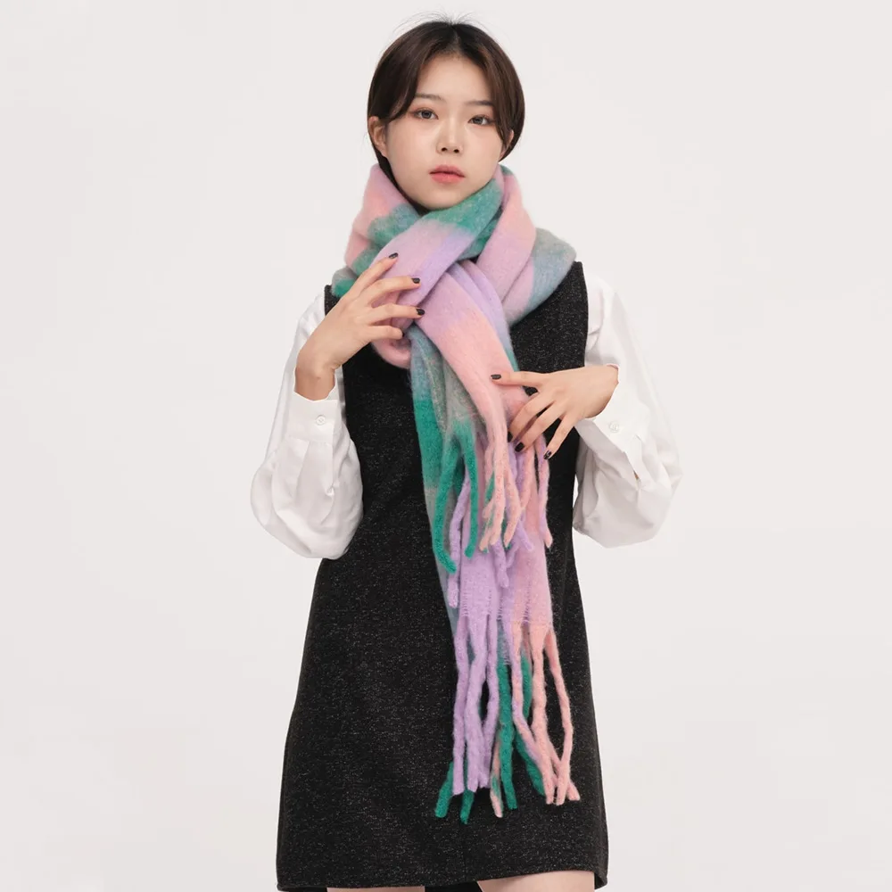 여성용 AC 격자 무늬 모헤어 스카프, 부드럽고 따뜻한 목 숄, 가을 및 겨울 스카프, 캐시미어 롱 머플러, 242cm, 신제품