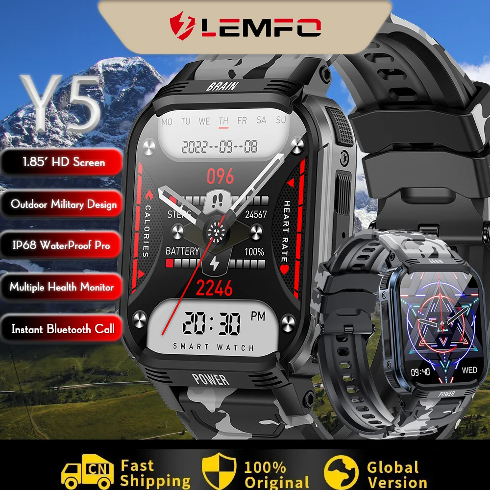 

LEMFO Y5 Smart Watch 1.85 Inch Military Outdoor Men Women Bluetooth Call Sports Smartwatch 2024 Health Monitor IP68 Waterproof