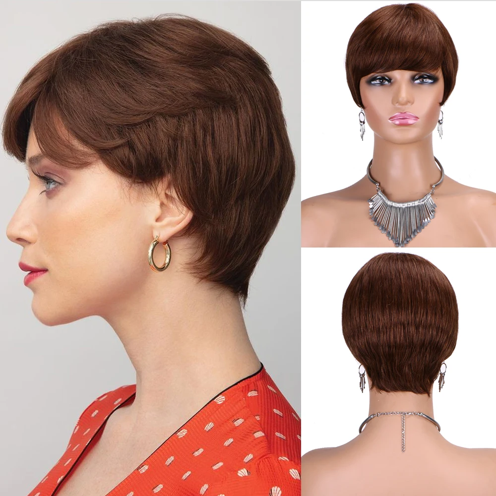 

Brown Straight Human Hair Wigs for Women Daily Use Wig with Bangs Short Pixie Cut Human Hair Machine Made Glueless Cheap Wigs