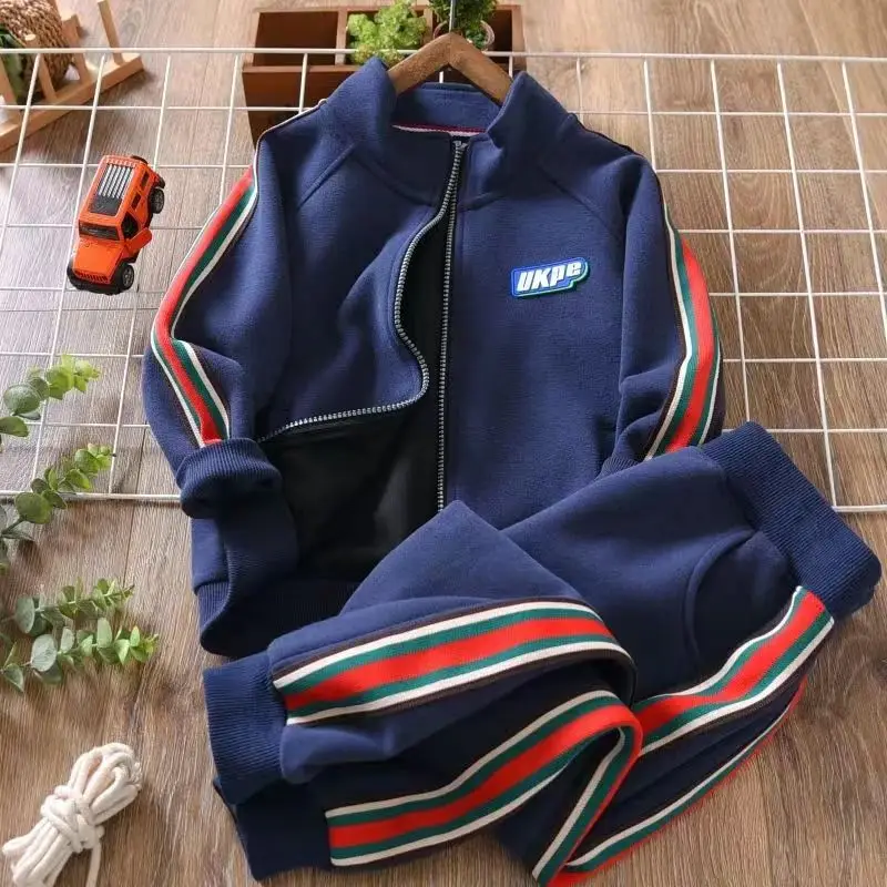 

3-14 Years School Kids Tracksuit Jogger Set Full Zip Striped Boys Fleece Hoodie + Sweatpant Sets Children Outfits Spring Autumn