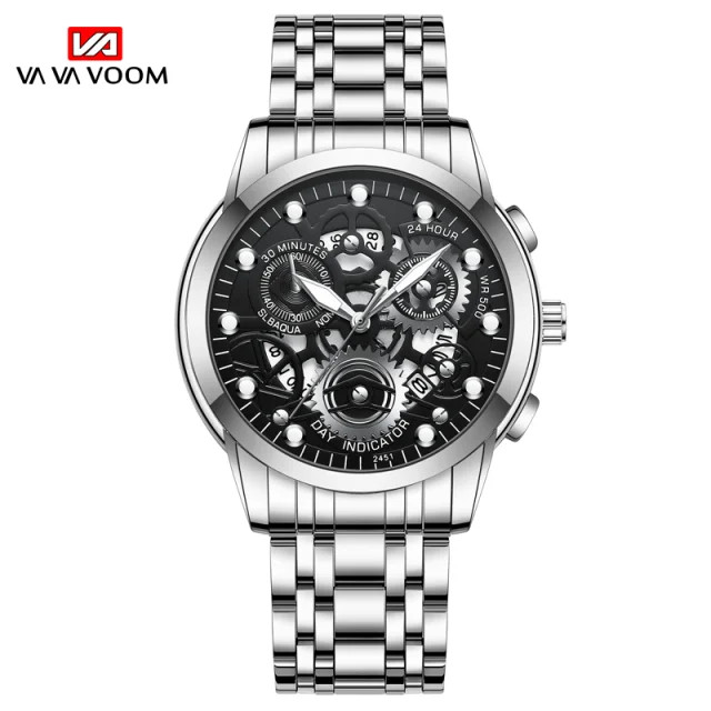 Men's Business Watch Skeleton Design Fashion Mechanical Style Stainless Steel Quartz Movement Calendar Waterproof Men WristWatch 2451YH