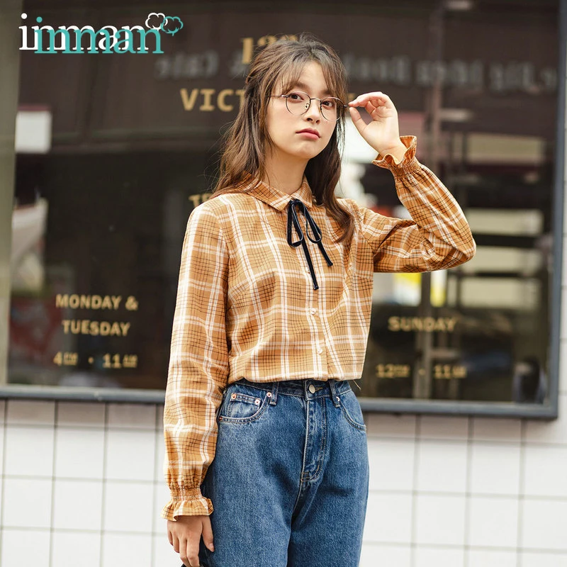 INMAN Women Shirt Winter Long Sleeve Lapel Loose Blouse Bow Decoration Checkered Pattern Fashion Casual Tops