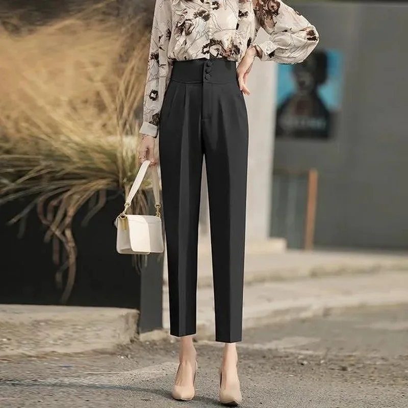 Clothing Solid Trousers Woman Tailoring Womens Pants Work Buttons High Waist Harem Office Classic Chic and Elegant All Medium G south korean chic spring jeans for women high waist slimming two buttons double pocket design sense slightly flared trousers