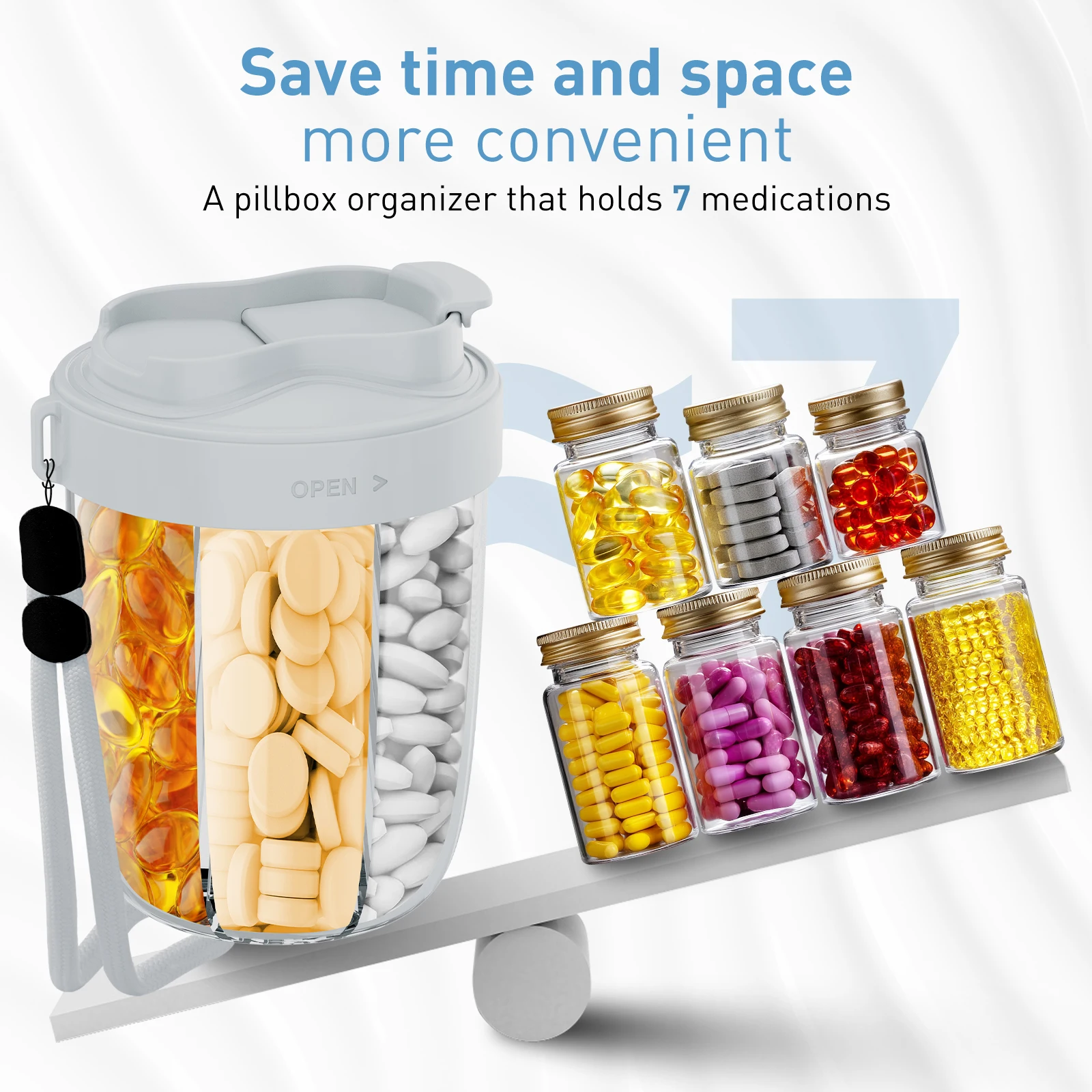 Portable Pill Dispenser Bottle Vitamin Organizer for Traveling Waterproof Portable Drug Tablet Dispenser Box with 7 Compartments