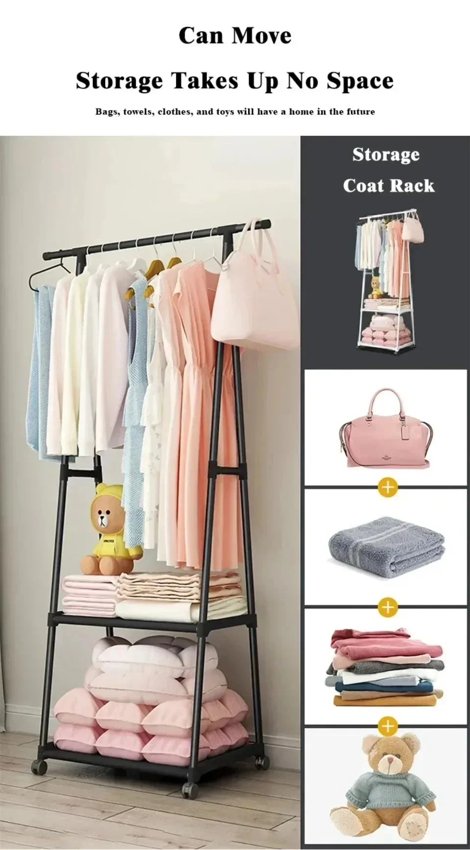 Description Picture 5 of itemSimple Coat Rack Triangle Pulley With Wheels Shelf Household Living Room Bedroom Furniture Hangers Floor-Standing Clothes Racks