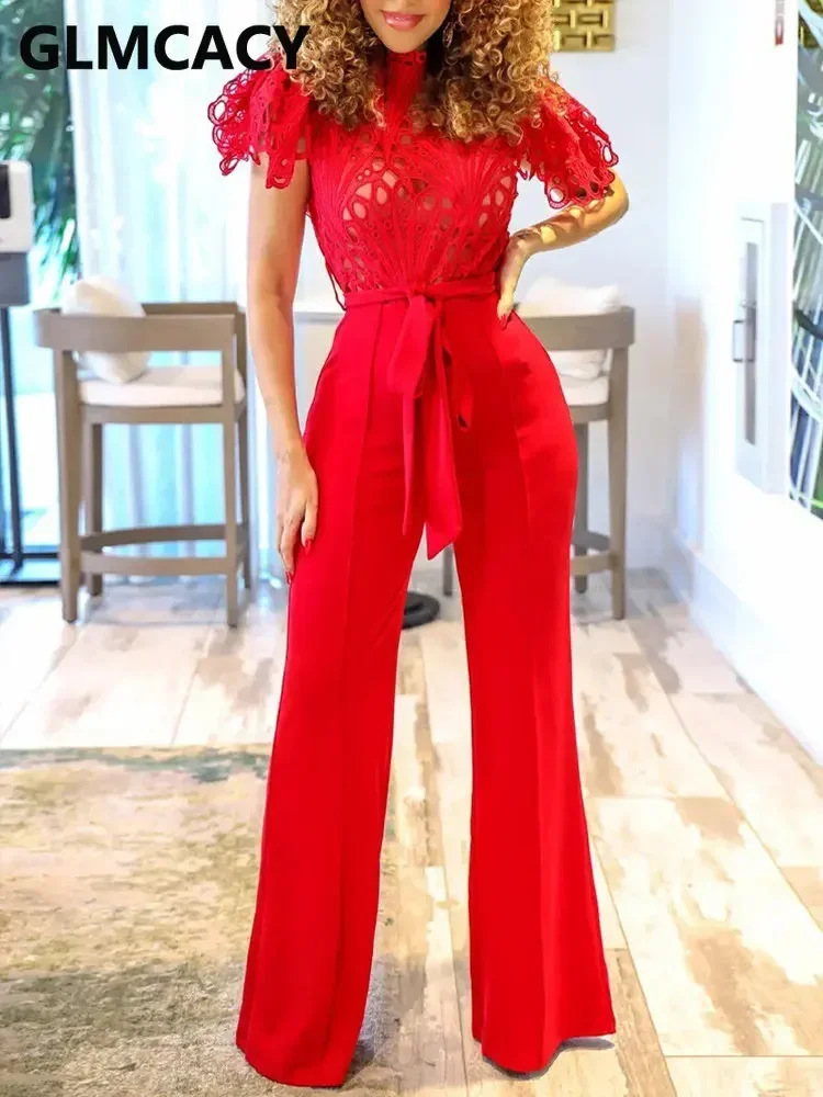 

Women Short Sleeve Lace Hollow Out Jumpsuit Slim Patchwork Overalls