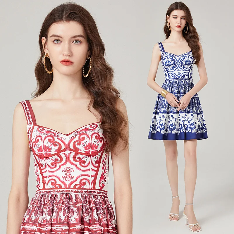 Retro Printed Strapless Dress for Women with High-quality Waistband and Large Hem, 2024 New Spring/summer