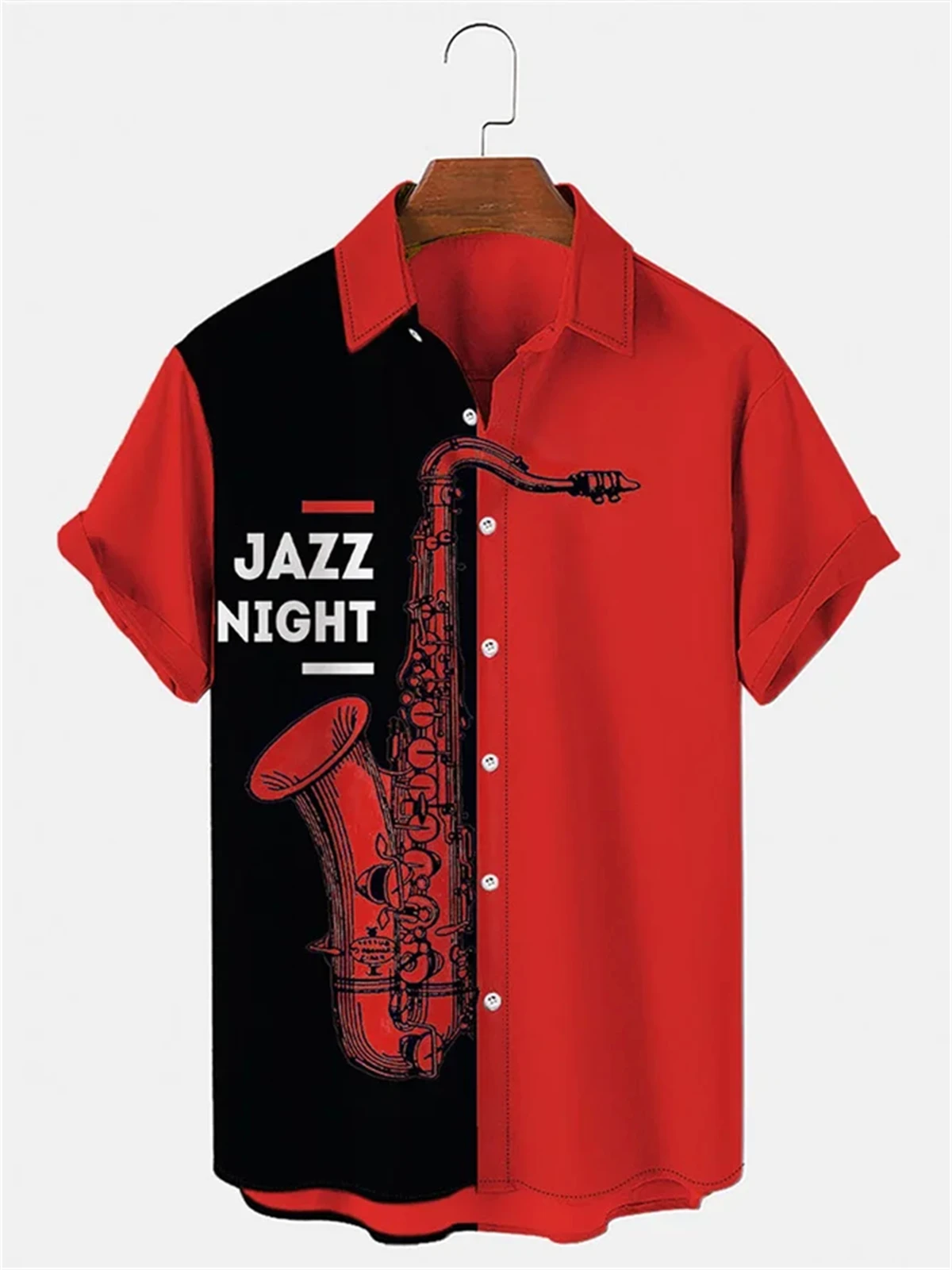Hawaiian Print Men's Short Sleeve Shirt Saxophone Print Men's Lapel Top 2024 New Large Size Casual Men's Shirt 2