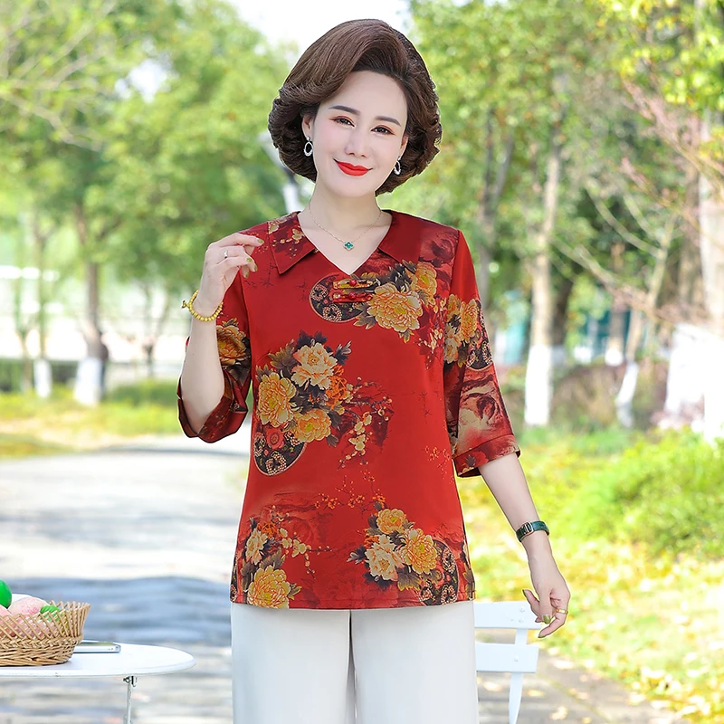 

2022 Fashion Women's T-Shirts Summer Print Tee Shirts Middle-Aged Elderly Mothers Half Sleeved Casual Top 5XL
