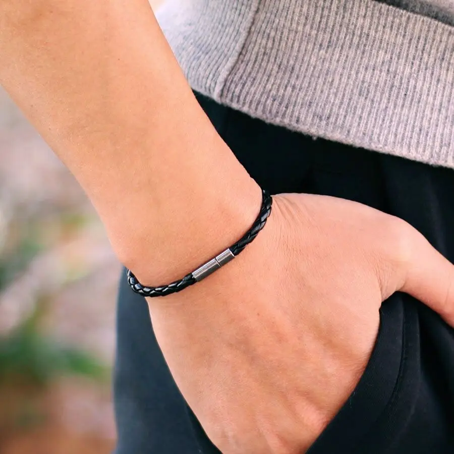 Mens Leather Wrap Bracelet Black Buckle Punk Jewelry Accessory