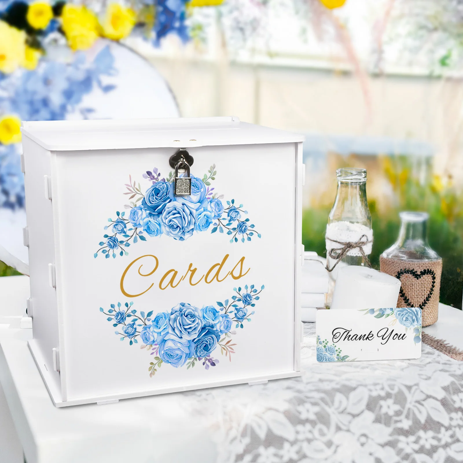 White Blue Double Flower Cluster Wedding Card Box with Lock, PVC Gift Card Box for Wedding Reception, Graduation Baby Shower