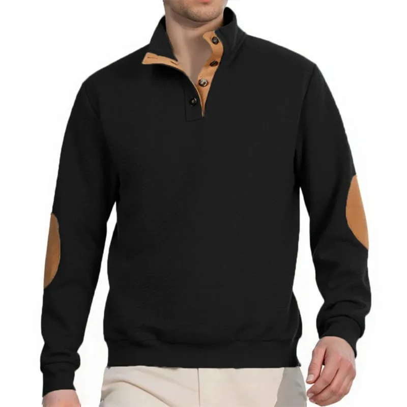 Autumn Men's Jacquard Sweatshirt Long Sleeve Patchwork Stand Casual Male Pullovers Fashion Streetwear Button HeavyWeight Outwear