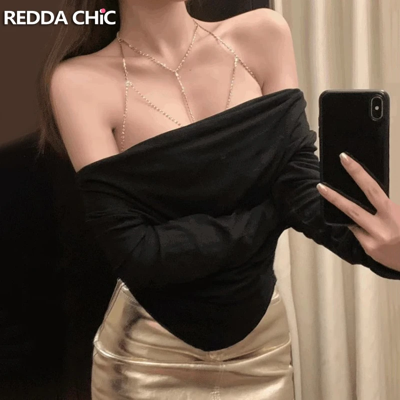 

ReddaChic Rhinestone Decor Long Sleeves T-shirt Women Sparkle Diamond Body Chain One-shoulder Slim Crop Top Sexy Night Clubwear