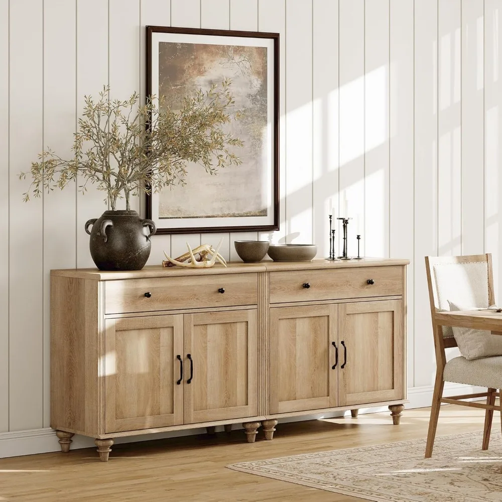 Buffet Cabinet with 4 Doors and 2 Drawers, Large Coffee Bar Tables Wood Kitchen Storage Cabinets with Storage Cabinets 4