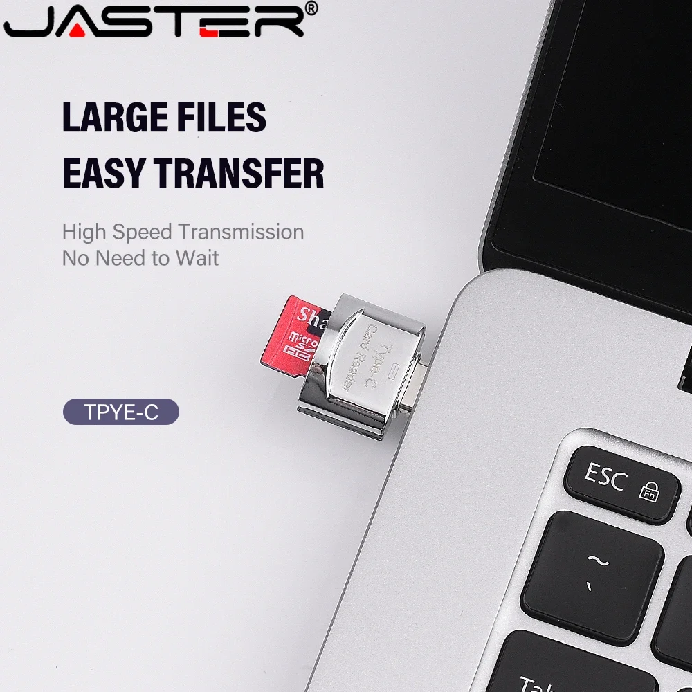 JASTER C타입 메탈 범용 카드 리더, 휴대폰 태블릿 컴퓨터용 고속 사용, 실버 블랙 메모리 스틱 카드 리더