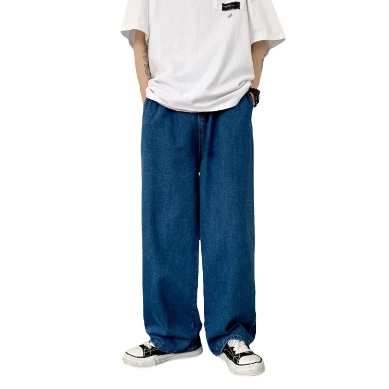 Men's Denim Pants Fashion Loose Wide Leg Jeans Casual Streetwear Printed Cross Trousers Pure Cotton Pants Baggy Men Jeans
