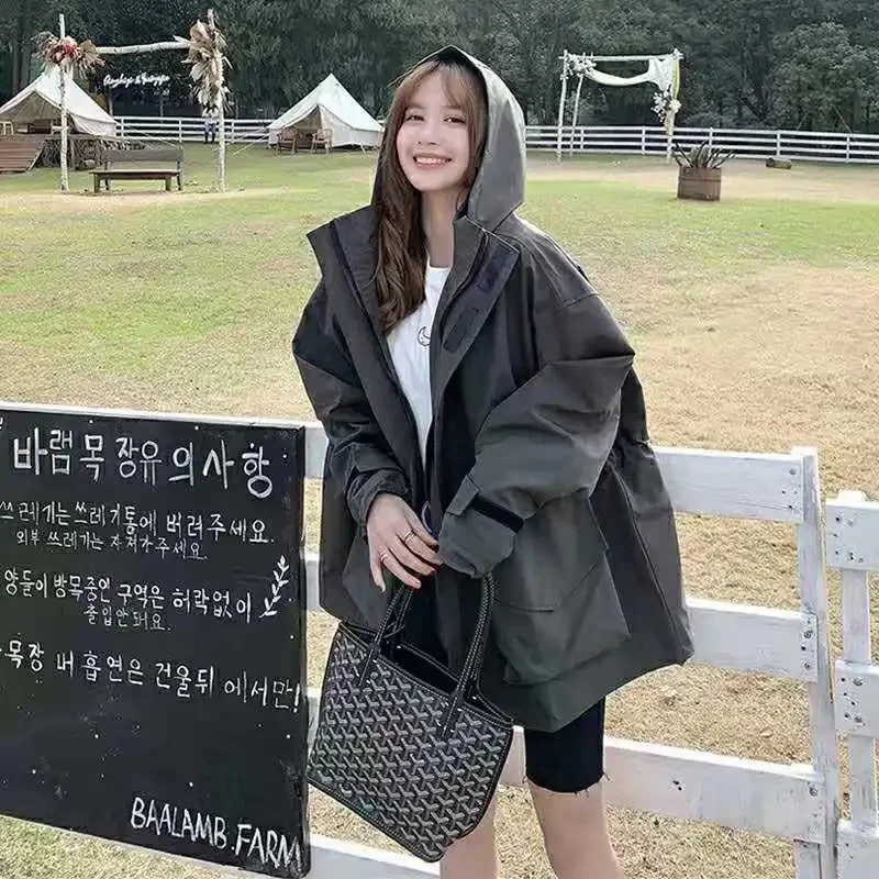 Tooling Trench Coat Female 2022 Spring and Autumn Long BF Hong Kong Style Korean Version Loose Casual Hooded Charge Clothes X483