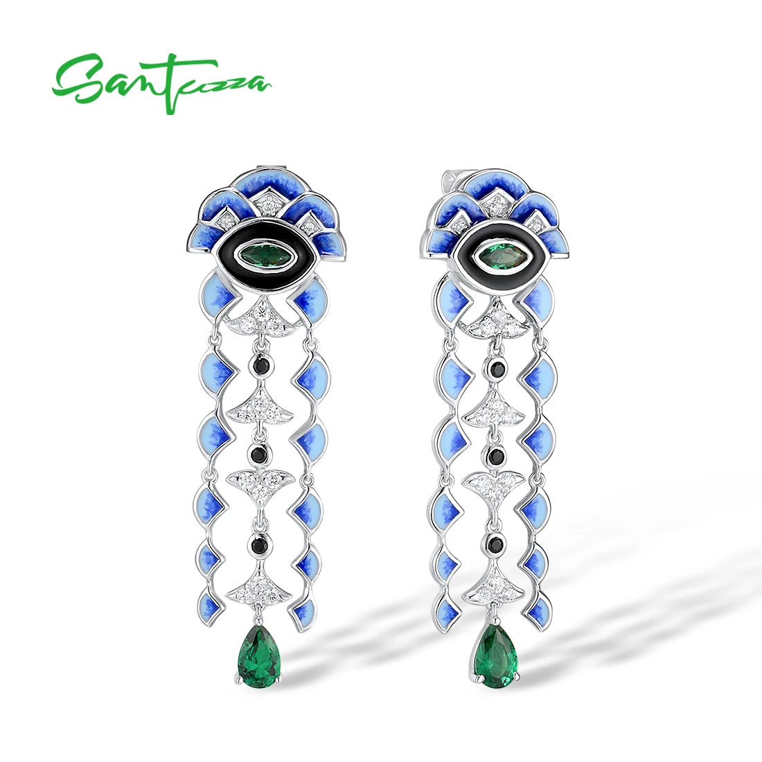 

SANTUZZA Real 925 Sterling Silver Stud Earrings For Women Sparkling Green Spinel White CZ Long Creative Gift Fine Jewelry Enamel