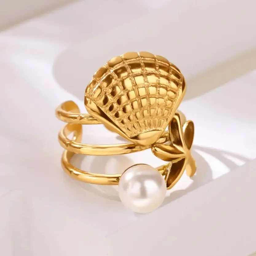 Starfish Shell Pearl Rings For Women Gold Color Stainless Steel Adjustable Ring