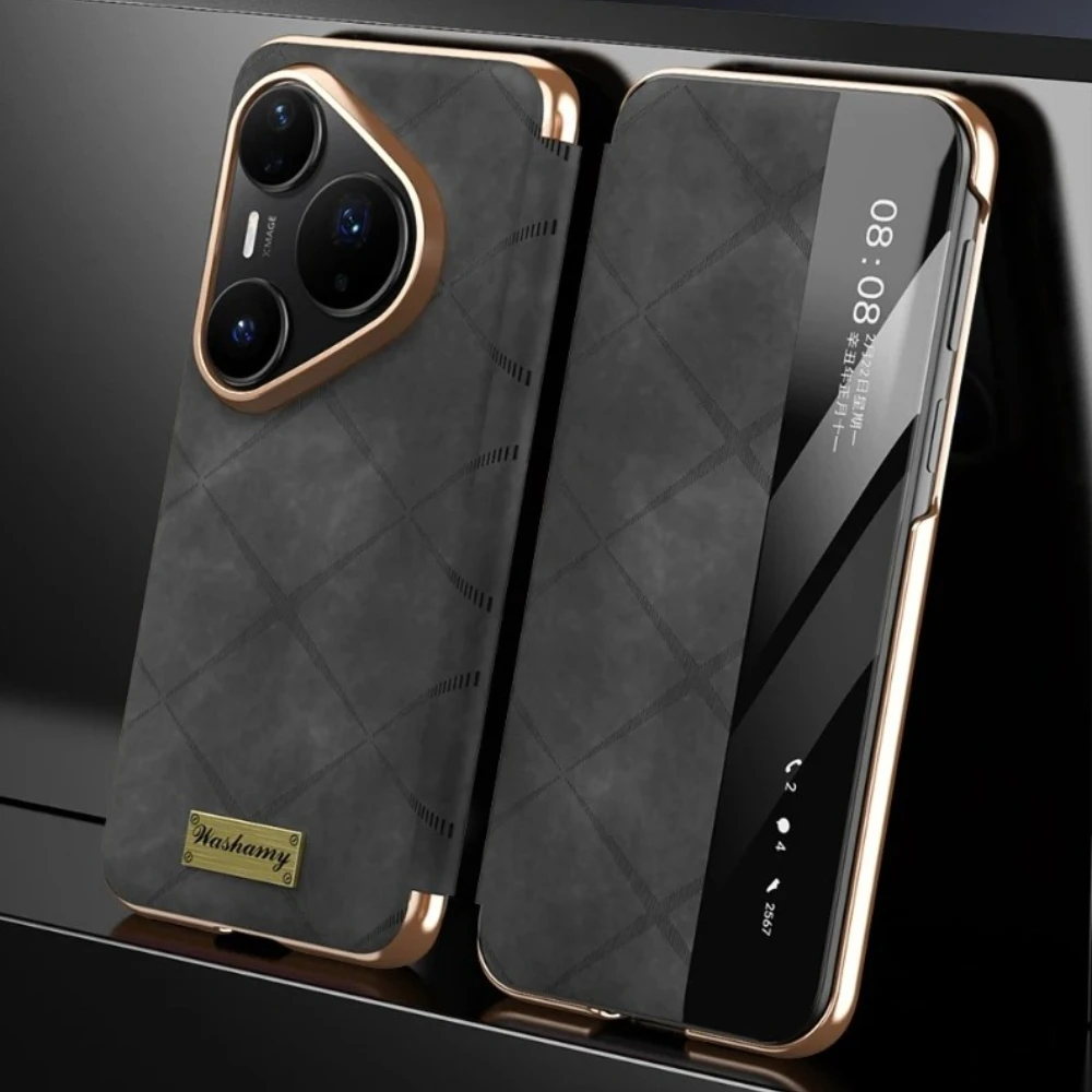 حافظة هاتف جلدية لهاتف هواوي بورا 80 الترا بورا 70 برو بلس ميت 70 برو + 60 نافذة ذكية بدون غطاء قلاب الرد على غلاف مغناطيسي