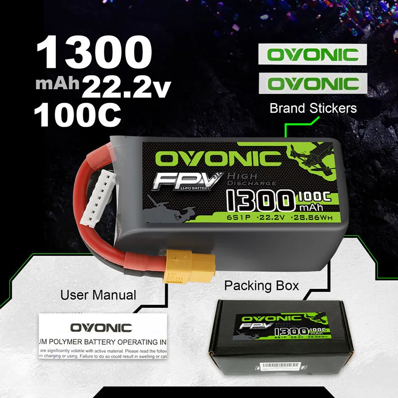 Pacco Batteria Lipo OVONIC 1300mAh 100C 22.2V 6S XT60 per Drone FPV RC