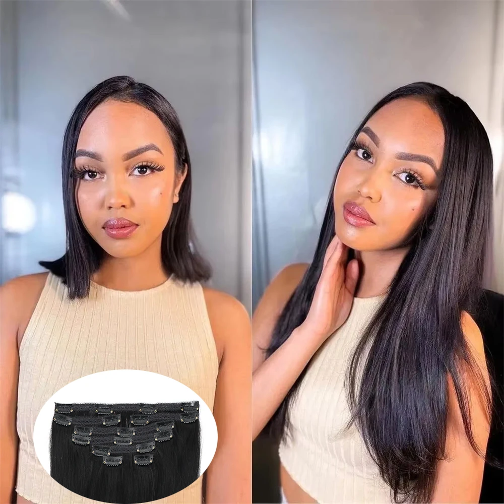 Clip In Straight Human Hair Extensions Natural Color Unprocessed Full Head Brazilian Virgin Hair Seamless Clip In Extension