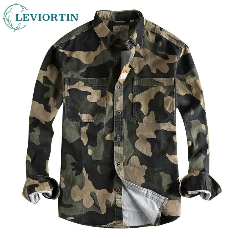 

Men's Camouflage Cargo Shirts Cotton Washed Streetwear High Quality Work Safari Style Male Long Sleeve Shirt Jacket