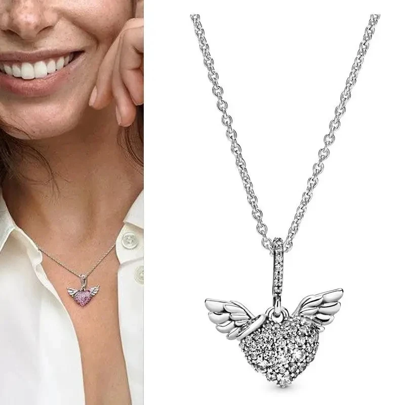 New Classic 100% 925 Silver Women's Sparkling Heart Logo Collar Necklace DIY Charming Jewelry Gifts Fashion Light Luxury