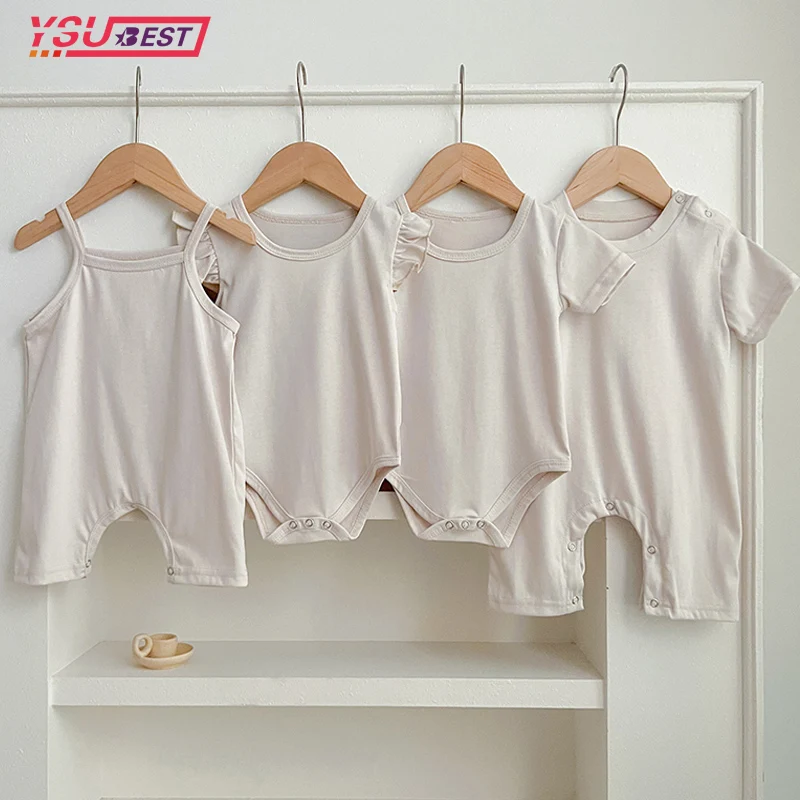 

Newborn Romper Summer Baby Clothes Short Sleeve Shoulder Button Flat Corner Crawling Suit Cotton Solid Color Onesie Jumpsuit